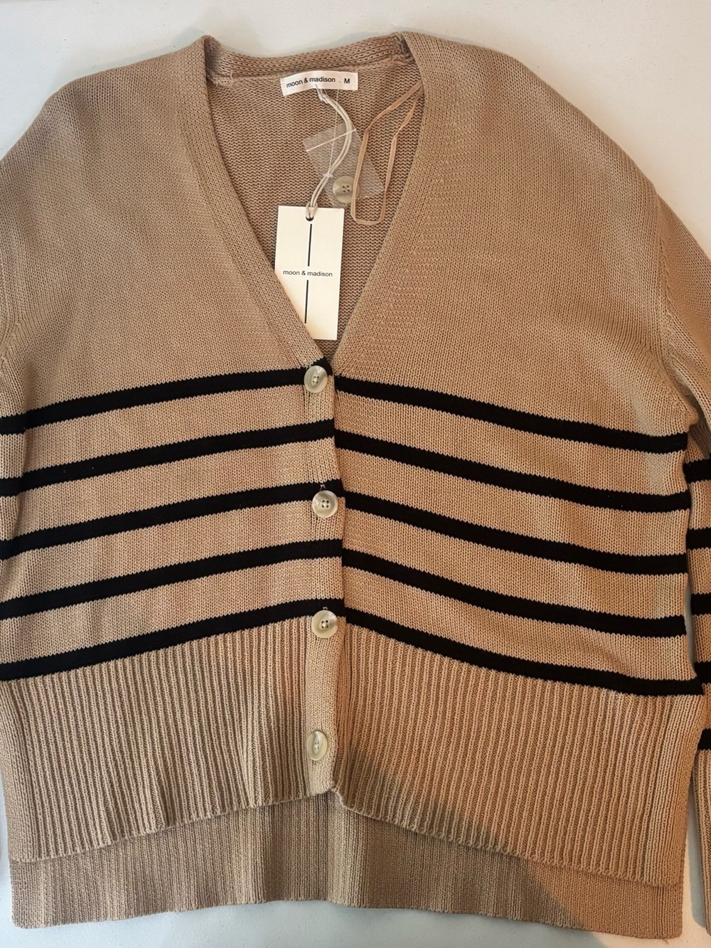 moon & madison Tan and Black Striped V-Neck Cardigan - Picture 4 of 5
